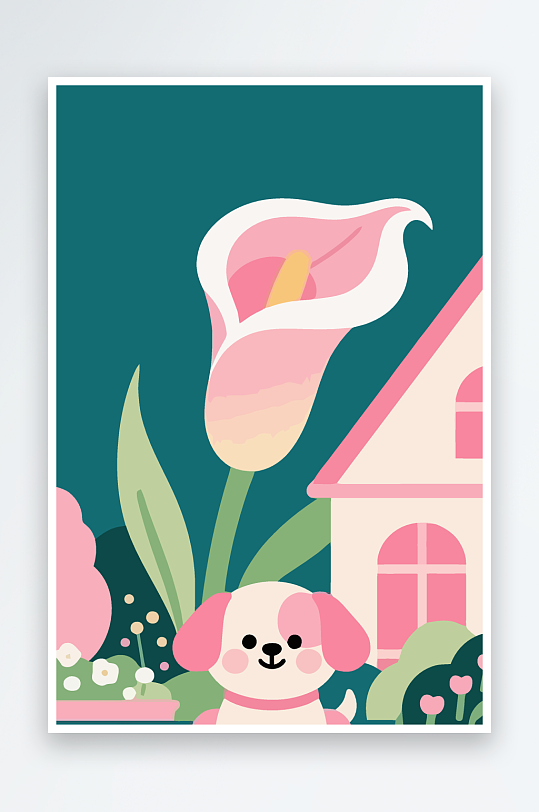 狗孩童花朵图标插画元素-众图网