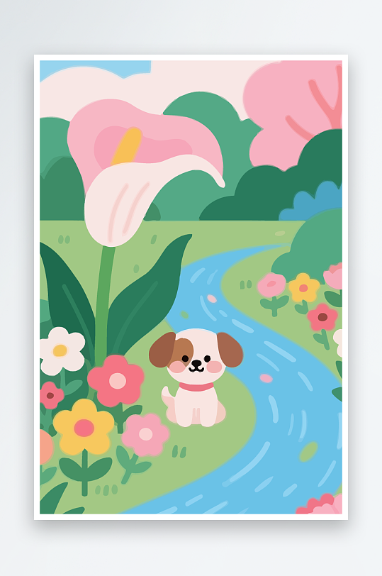 狗孩童花朵图标插画元素-众图网