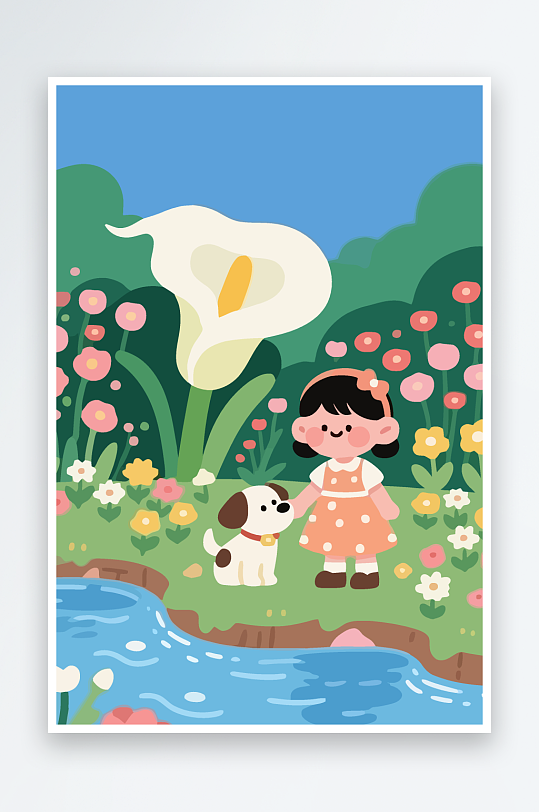 狗孩童花朵图标插画元素-众图网