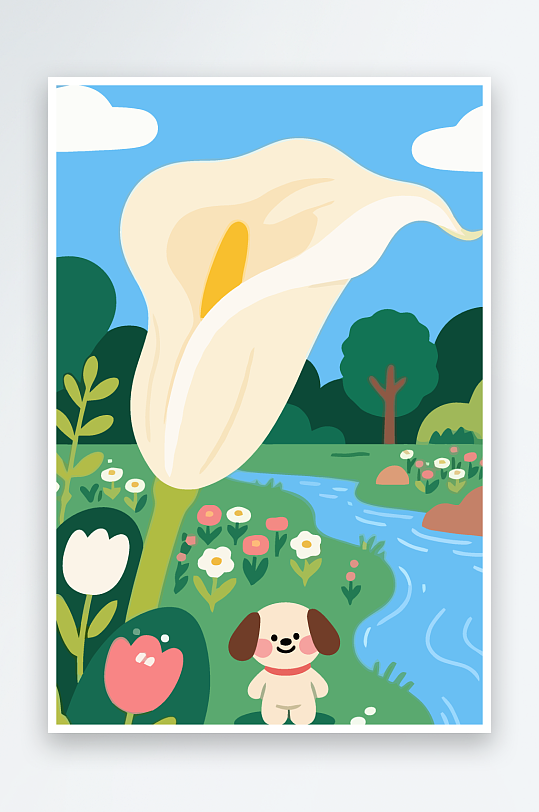 狗孩童花朵图标插画元素-众图网