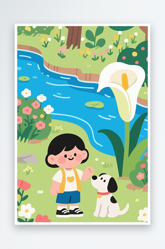 狗孩童花朵图标插画元素-众图网