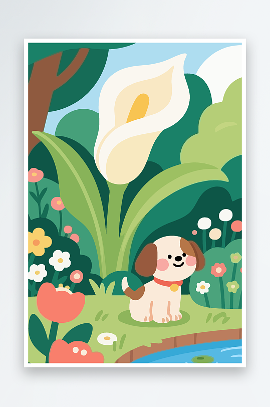 狗孩童花朵图标插画元素-众图网