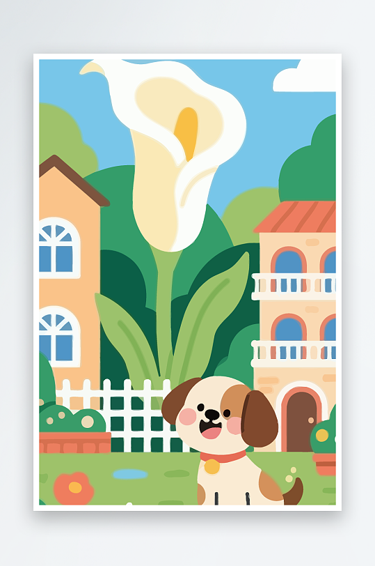 狗孩童花朵图标插画元素-众图网