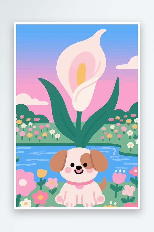 狗孩童花朵图标插画元素-众图网