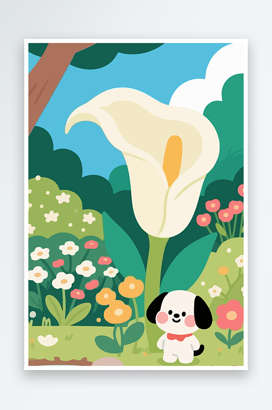 狗孩童花朵图标插画元素-众图网