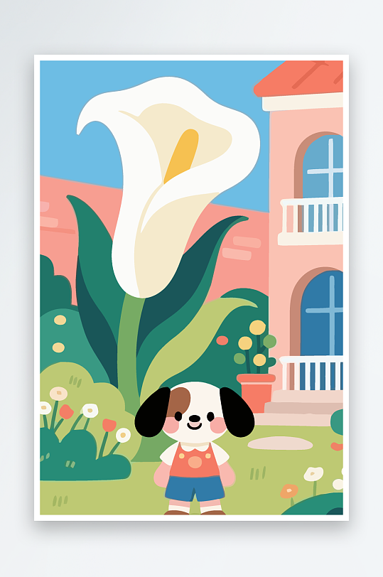 狗孩童花朵图标插画元素-众图网