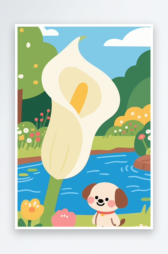 狗孩童花朵图标插画元素-众图网