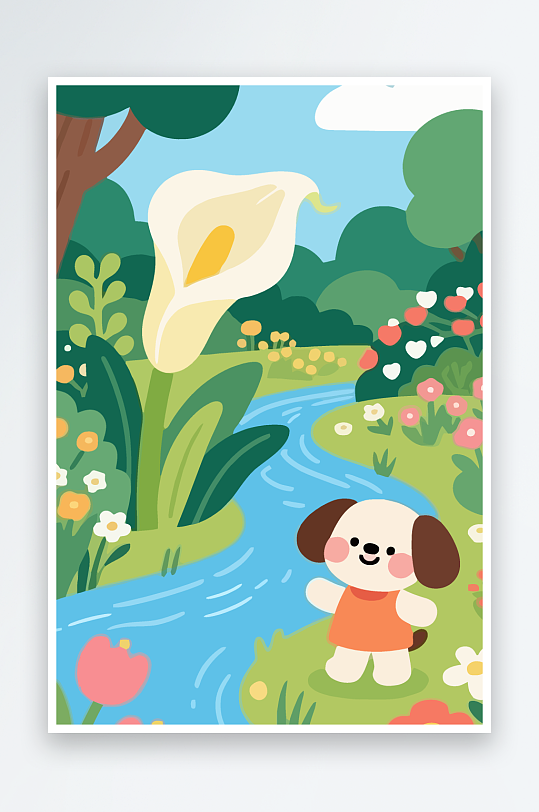 狗孩童花朵图标插画元素-众图网