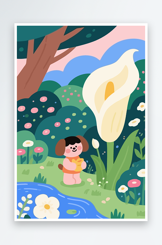 狗孩童花朵图标插画元素-众图网