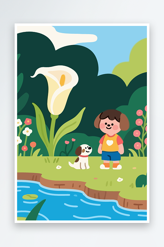 狗孩童花朵图标插画元素-众图网