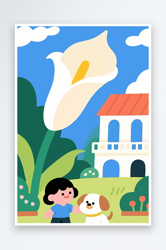 狗孩童花朵图标插画元素-众图网