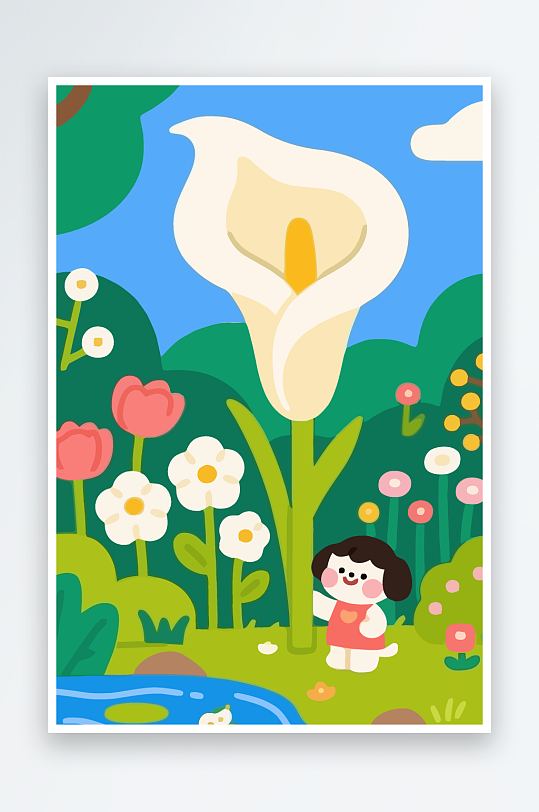 狗孩童花朵图标插画元素-众图网