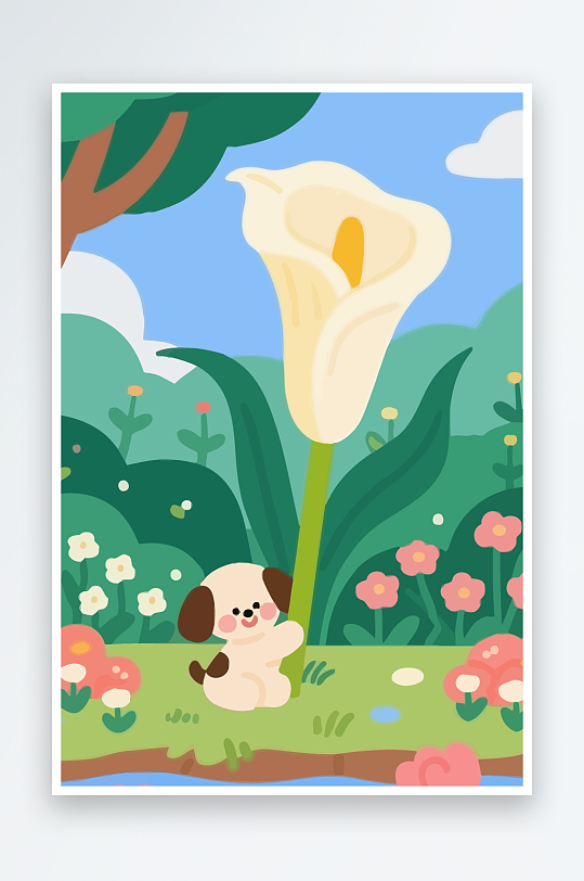 狗孩童花朵图标插画-众图网