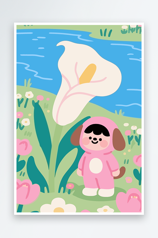 狗孩童花朵图标插画-众图网