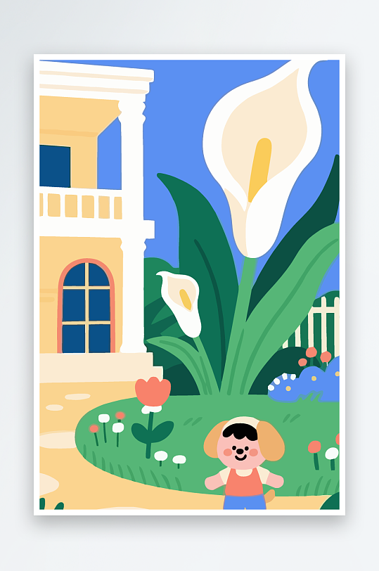 狗孩童花朵图标插画-众图网