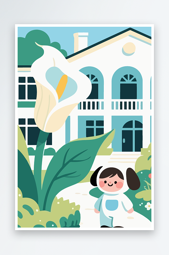 狗孩童花朵图标插画-众图网