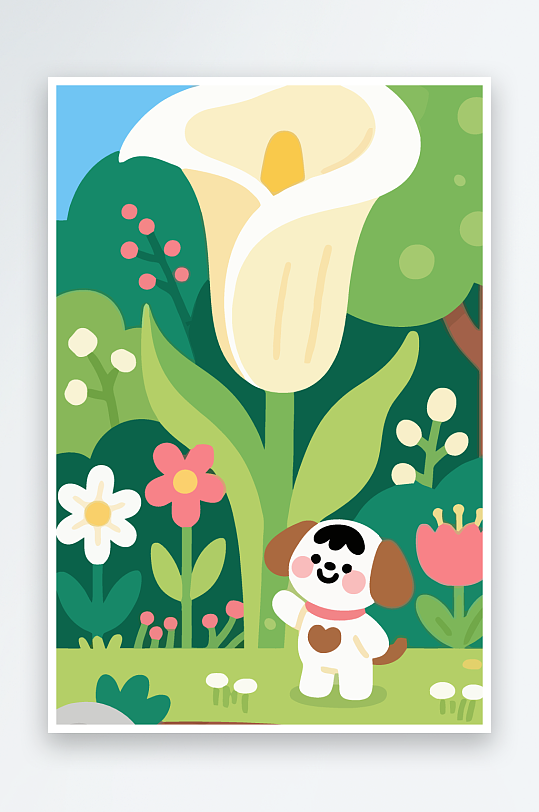 狗孩童花朵图标插画-众图网