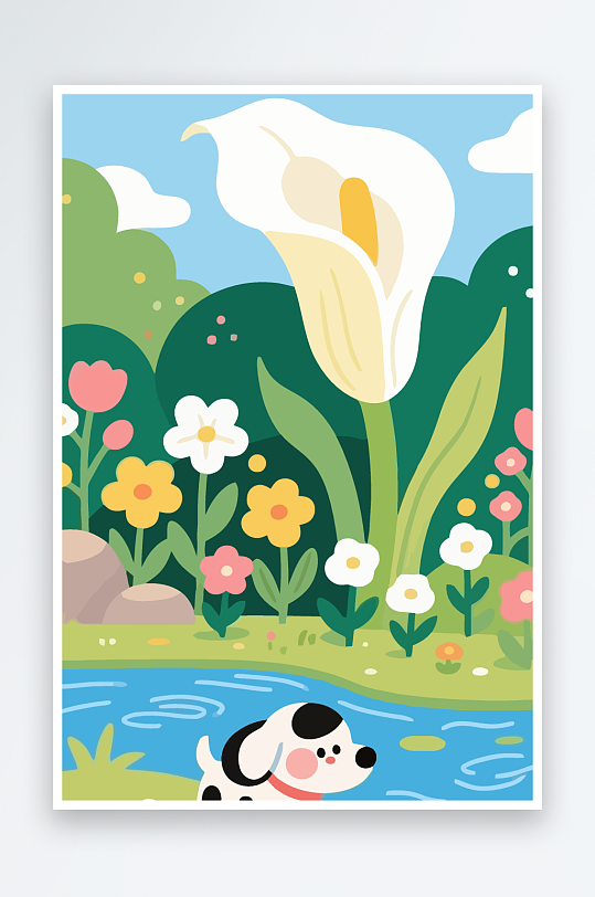 狗孩童花朵图标插画-众图网