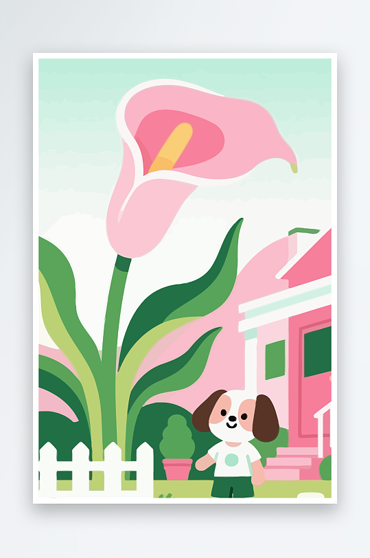 狗孩童花朵图标插画-众图网