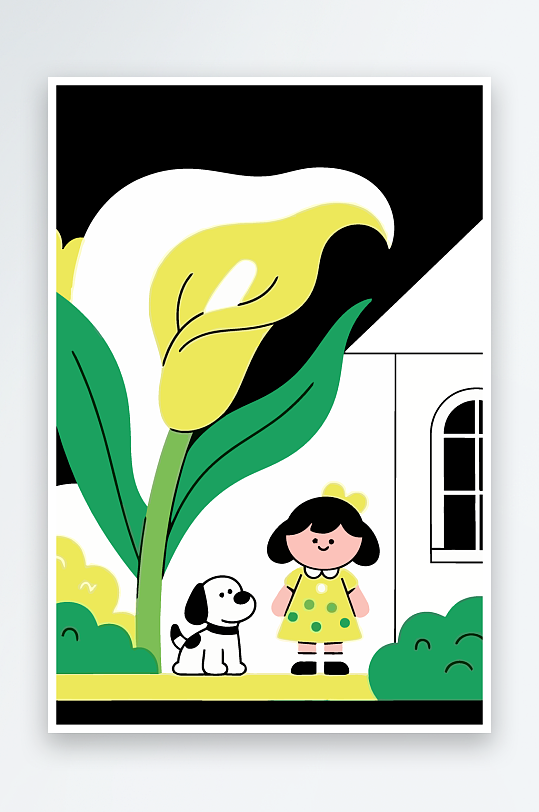 狗孩童花朵图标插画-众图网