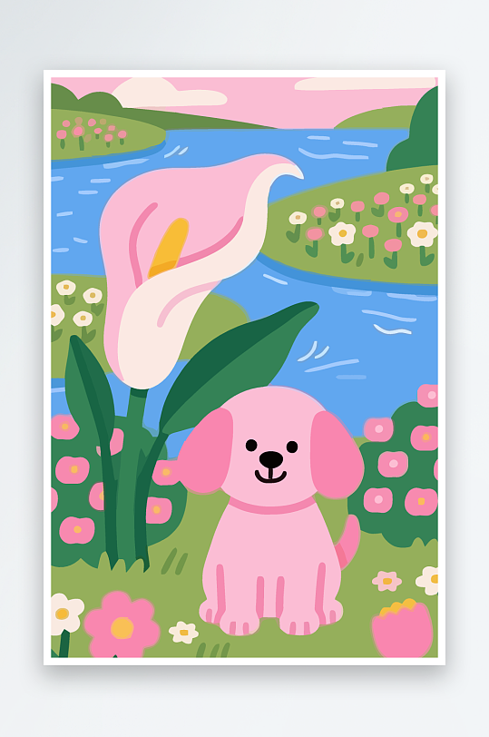 狗孩童花朵图标插画-众图网