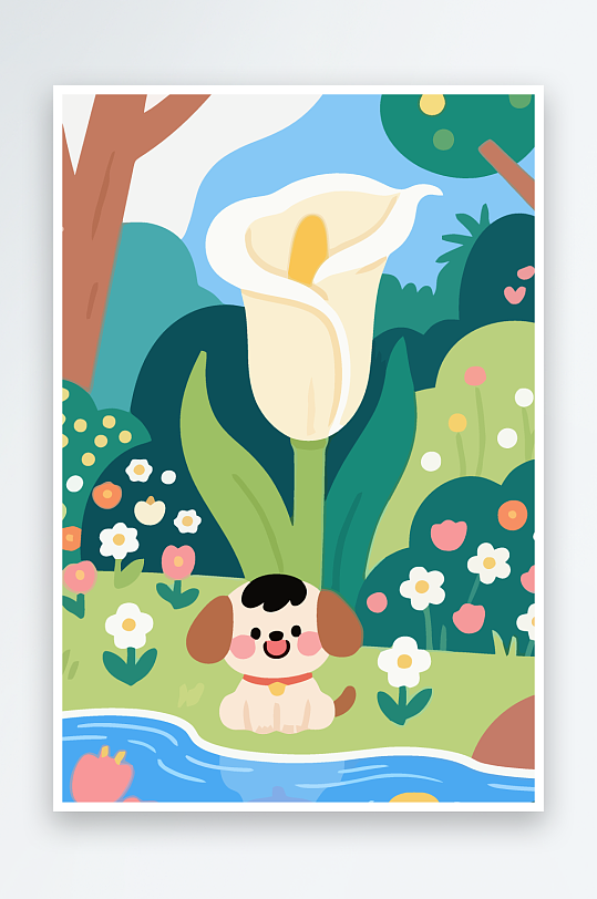 狗孩童花朵图标插画-众图网