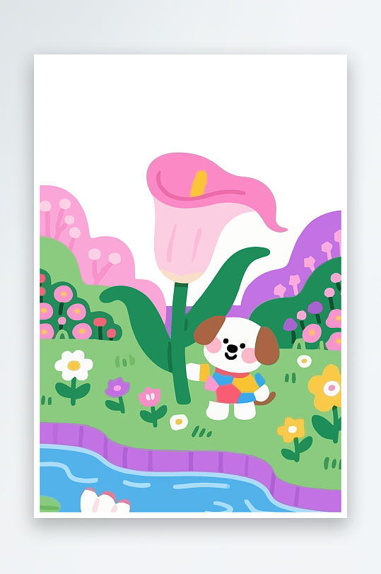 狗孩童花朵图标插画-众图网