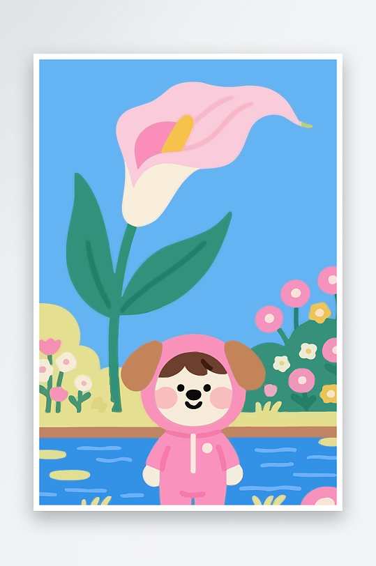 狗孩童花朵图标插画-众图网