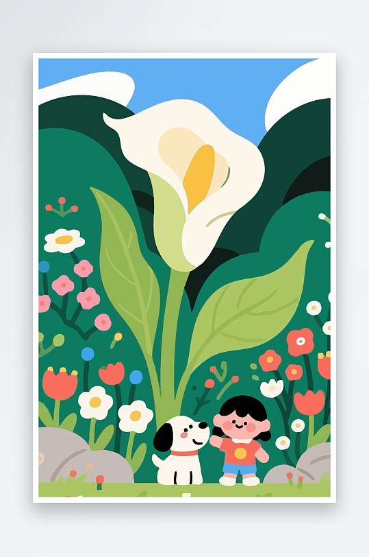 狗孩童花朵图标插画-众图网