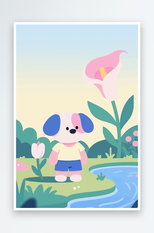 狗孩童花朵图标插画-众图网