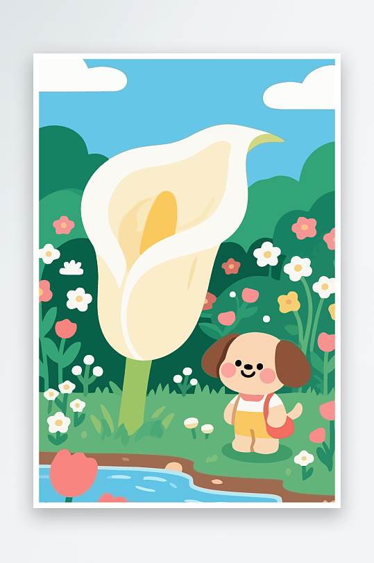 狗孩童花朵图标插画元素-众图网