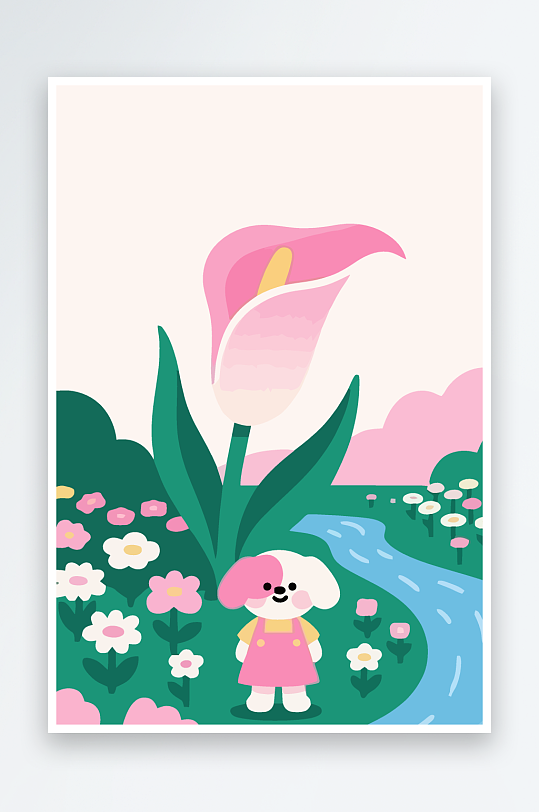 狗孩童花朵图标插画元素-众图网