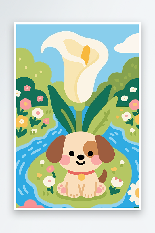 狗孩童花朵图标插画元素-众图网