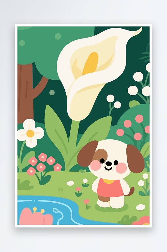 狗孩童花朵图标插画元素-众图网