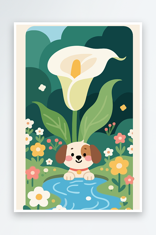 狗孩童花朵图标插画元素-众图网