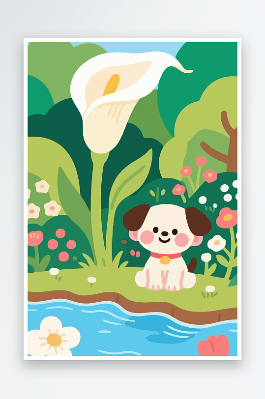 狗孩童花朵图标插画元素-众图网