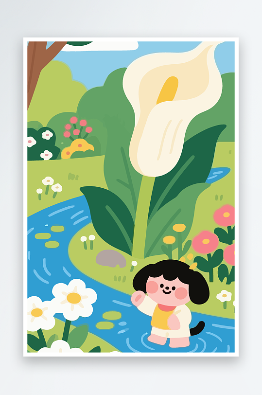 狗孩童花朵图标插画元素-众图网