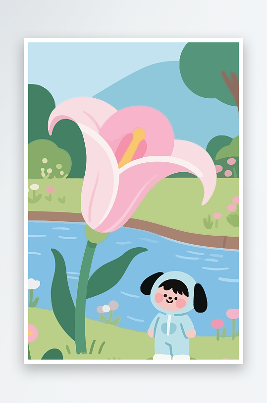 狗孩童花朵图标插画元素-众图网