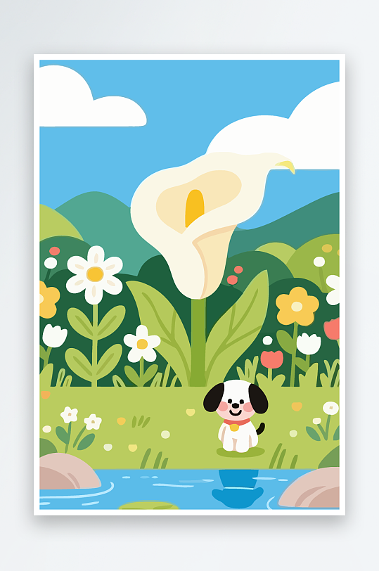 狗孩童花朵图标插画元素-众图网