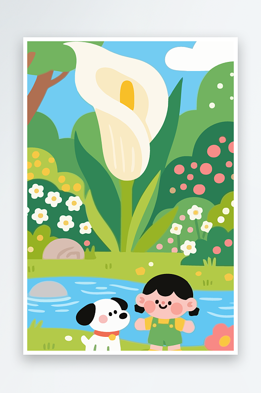 狗孩童花朵图标插画元素-众图网