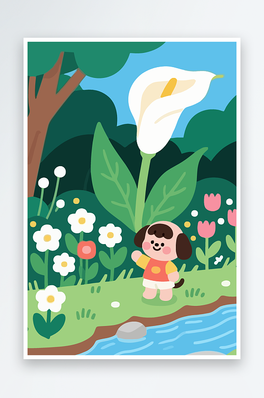 狗孩童花朵图标插画元素-众图网