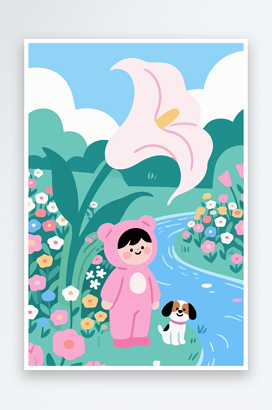 狗孩童花朵图标插画元素-众图网