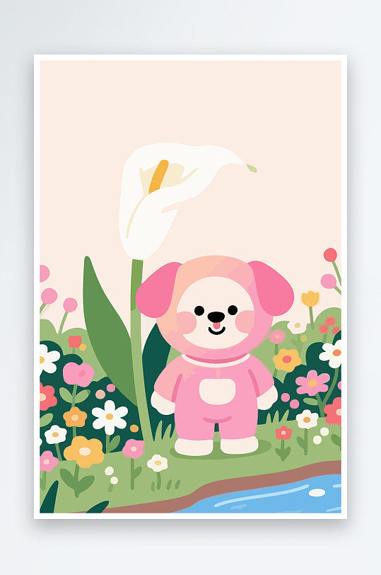 狗孩童花朵图标插画元素-众图网