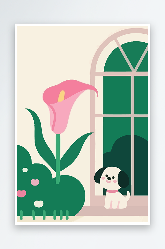 狗孩童花朵图标插画元素-众图网