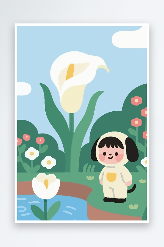 狗孩童花朵图标插画元素-众图网