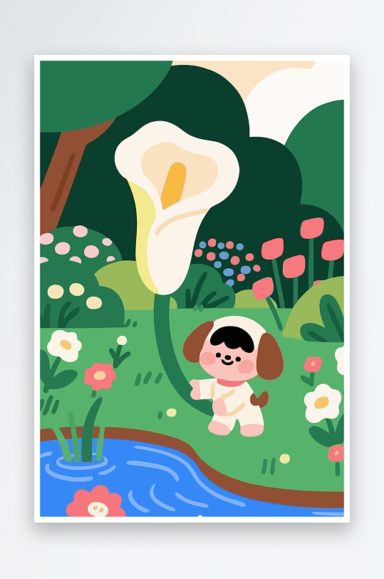 狗孩童花朵图标插画元素-众图网