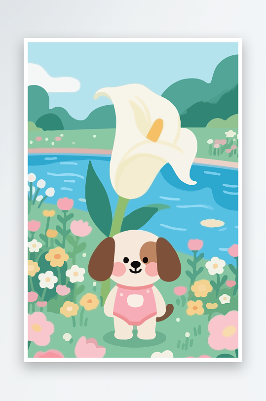 狗孩童花朵图标插画元素-众图网