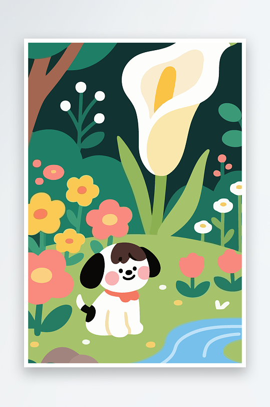 狗孩童花朵图标插画元素-众图网