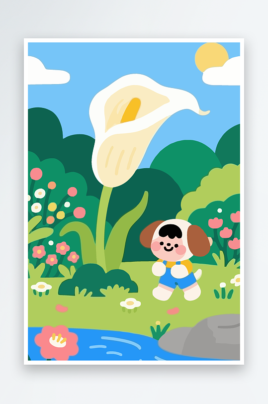 狗孩童花朵图标插画-众图网