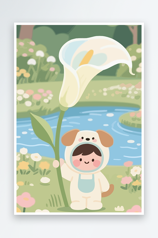 狗孩童花朵图标插画-众图网